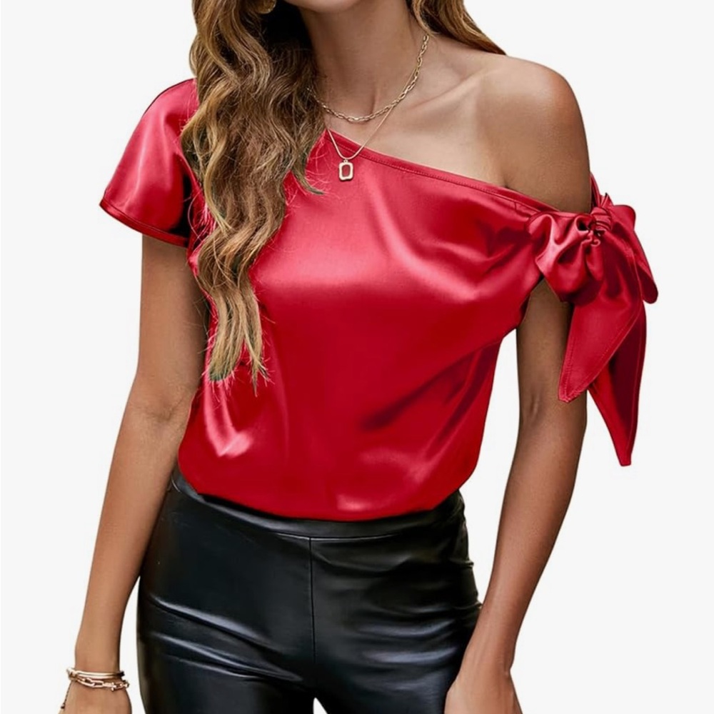 Amazon Red Satin Off-Shoulder Blouse M/L